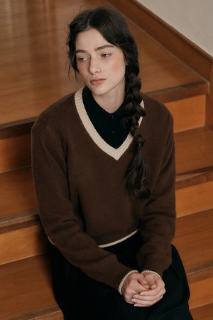 PM_V-neck vintage knit sweater_BROWN