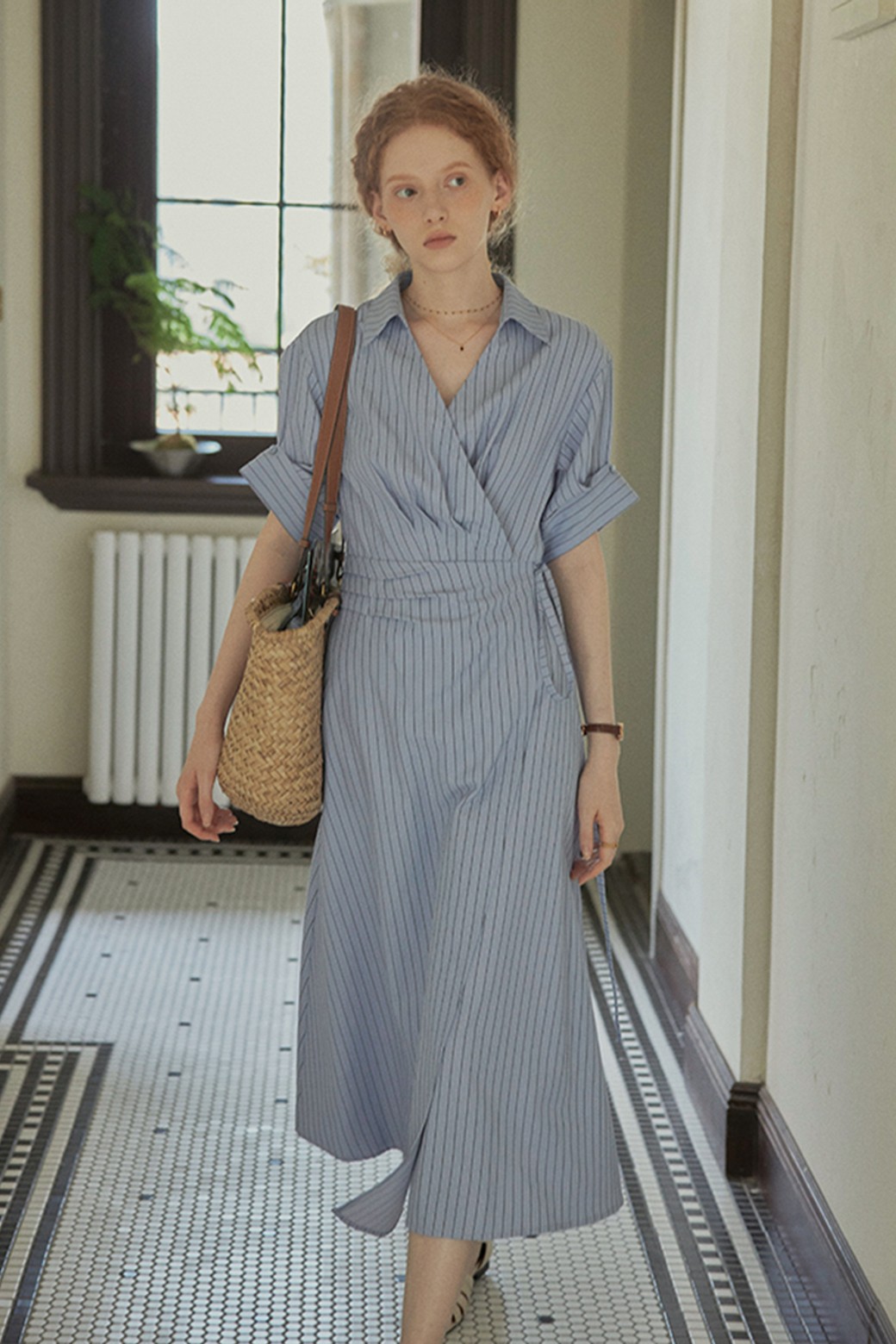 Proud Mary - 반소매 원피스 - PM_Striped v-neck short shirt dress