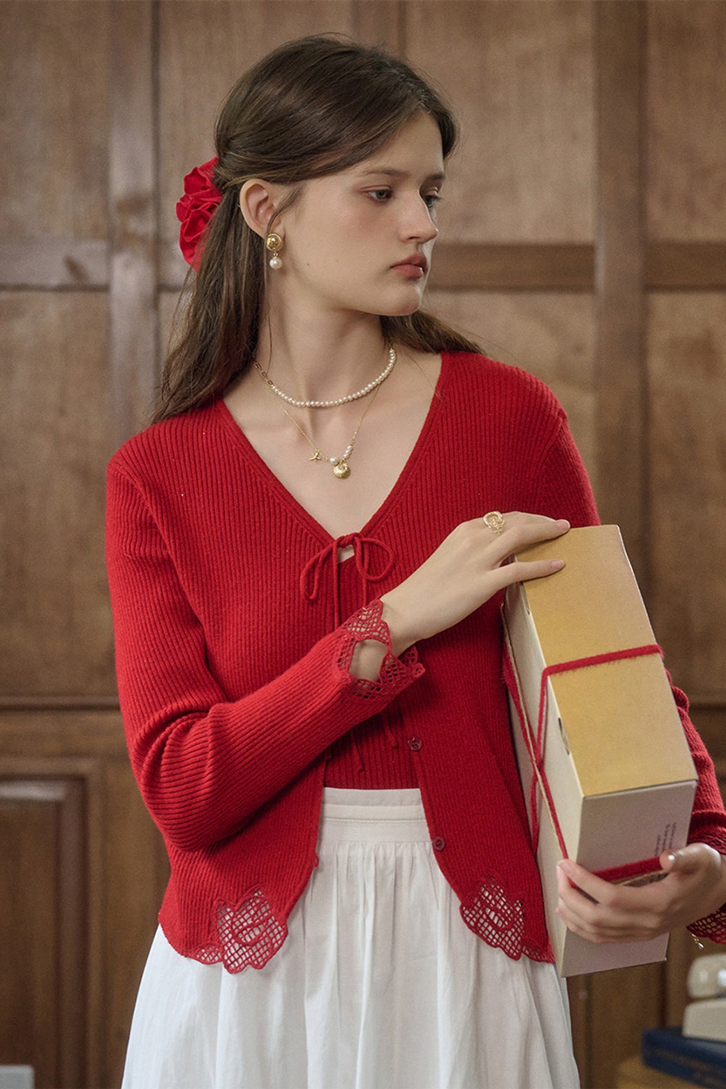 Simple Retro - 가디건 - SR_Embroidered wool cardigan_RED