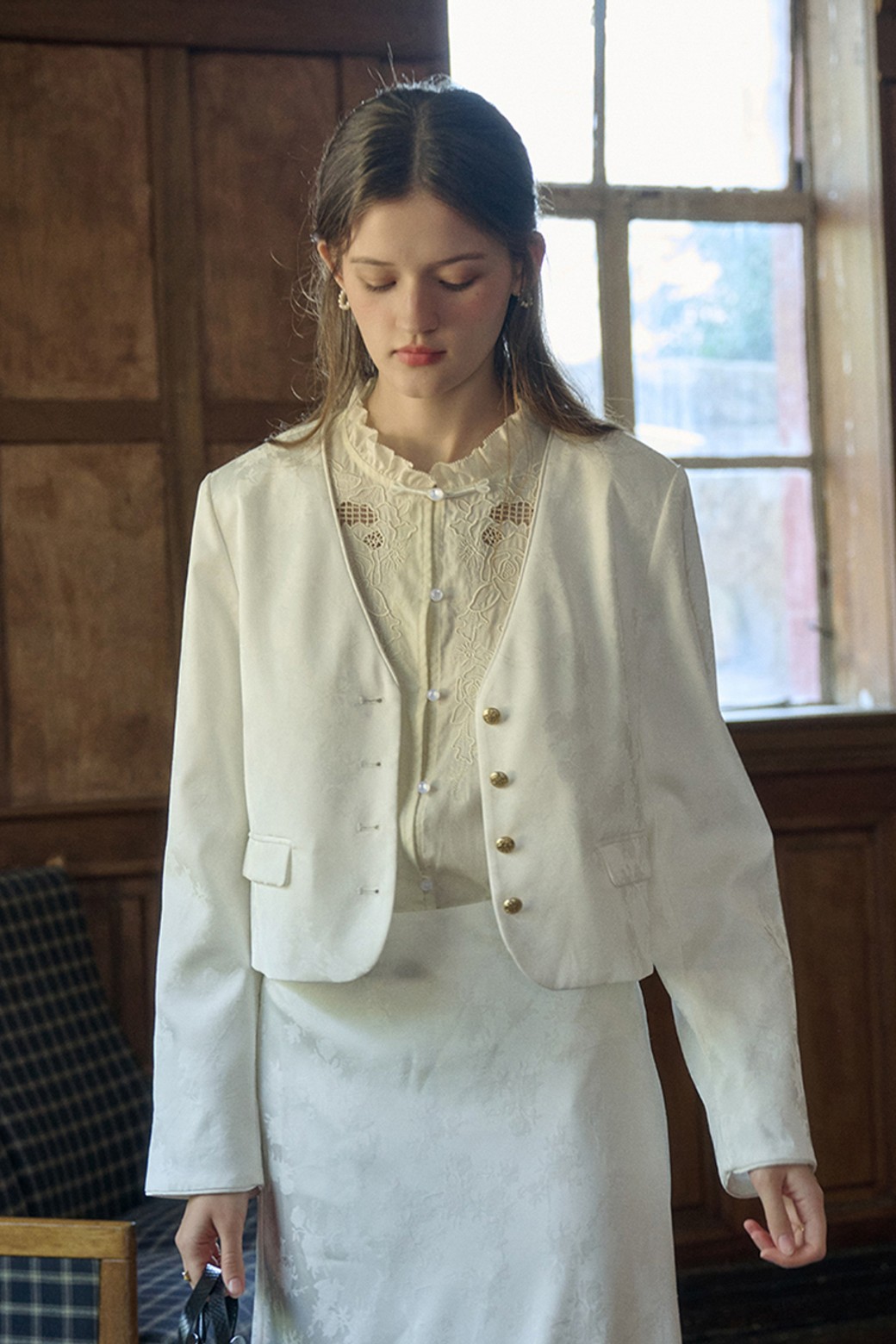 Simple Retro - 자켓 - SR_Jacquard satin white jacket