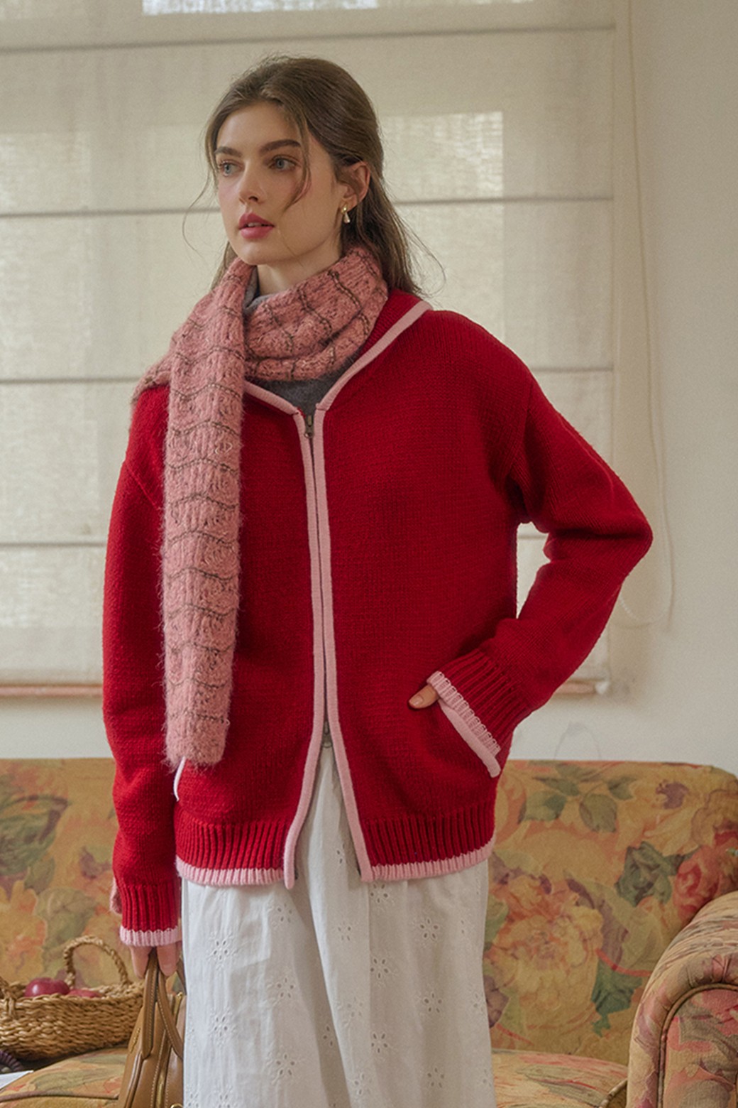 Simple Retro - 가디건 - SR_Two-way zip-up hooded cardigan_RED