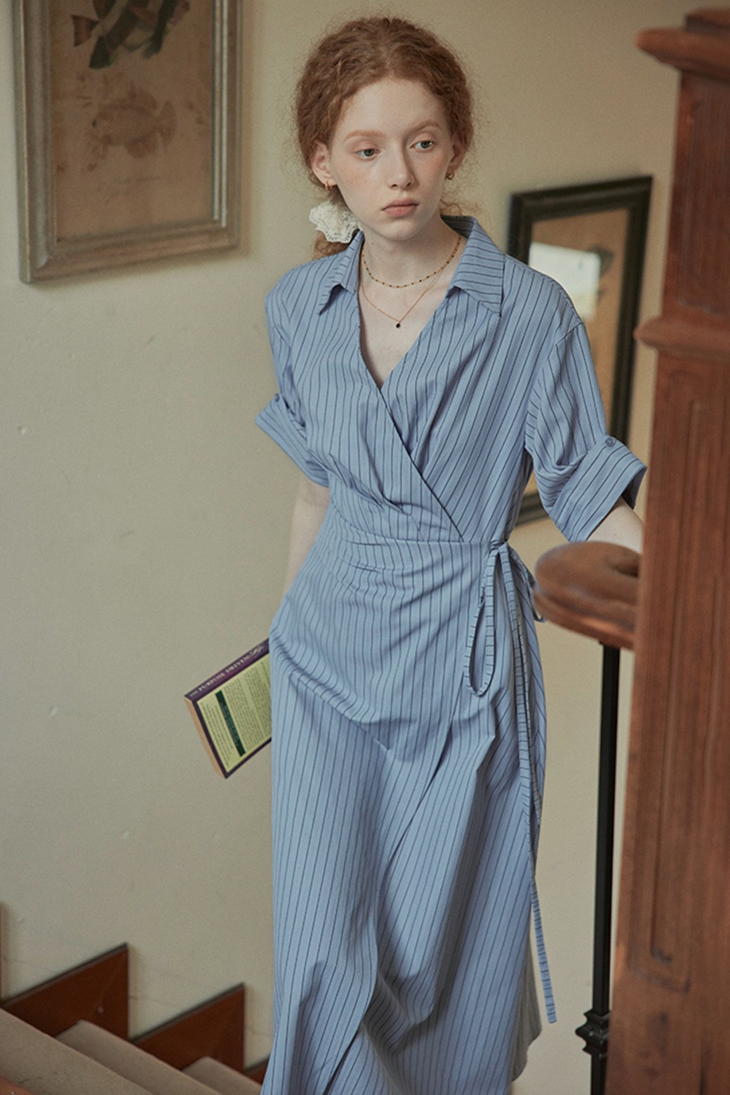 Proud Mary - 반소매 원피스 - PM_Striped v-neck short shirt dress