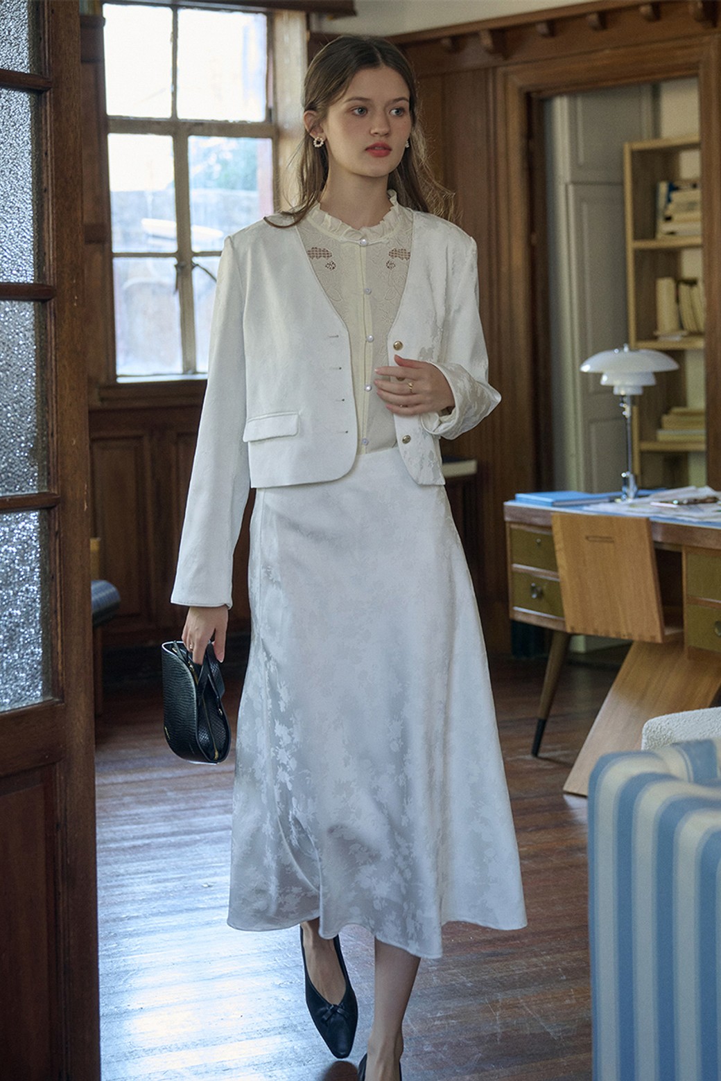Simple Retro - 자켓 - SR_Jacquard satin white jacket