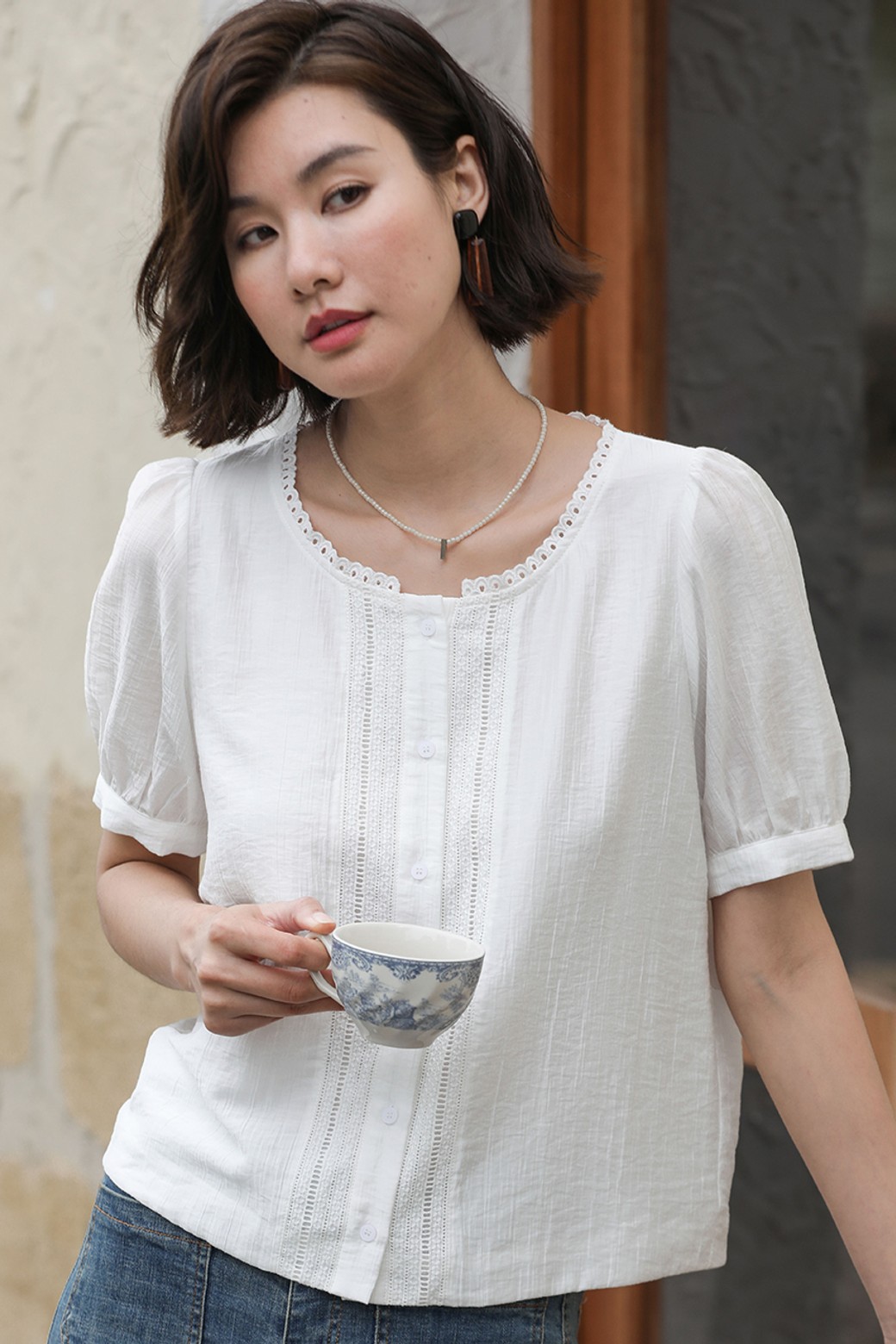 LANGSON - 블라우스 - LS_Casual short sleeve blouse