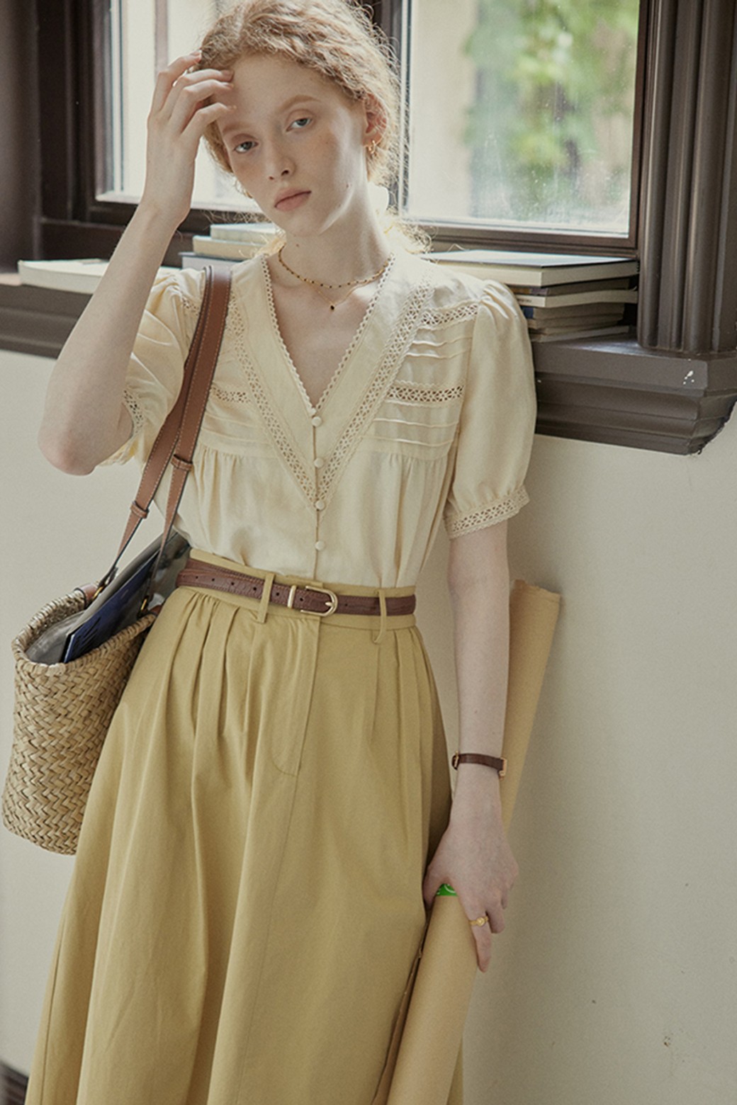 Proud Mary - 셔츠 - PM_Vanilla v-neck hollow shirt