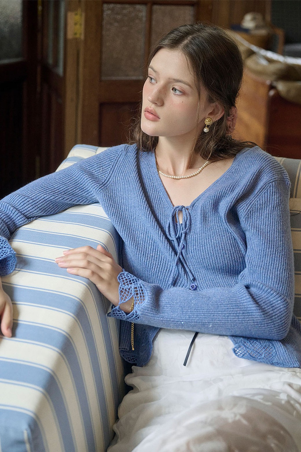 Simple Retro - 가디건 - SR_Embroidered wool cardigan_BLUE