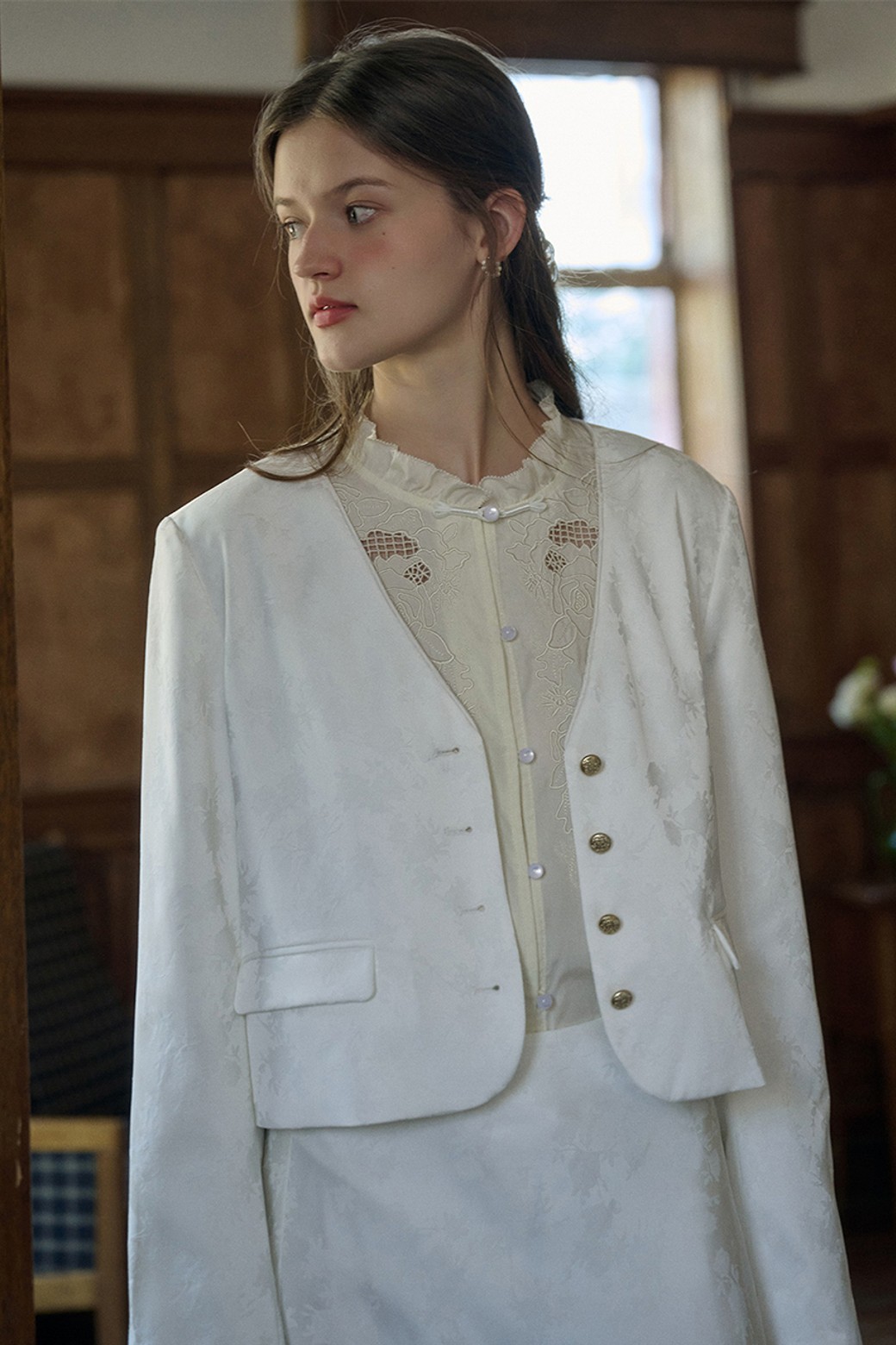 Simple Retro - 자켓 - SR_Jacquard satin white jacket