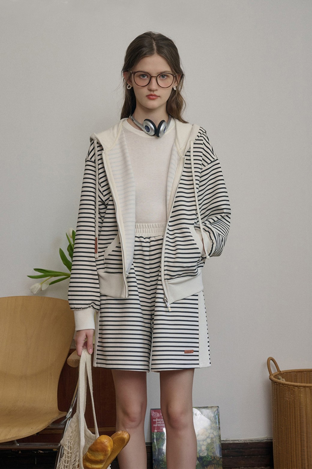 Simple Retro - 후드 집업 - SR_Striped casual hooded jacket