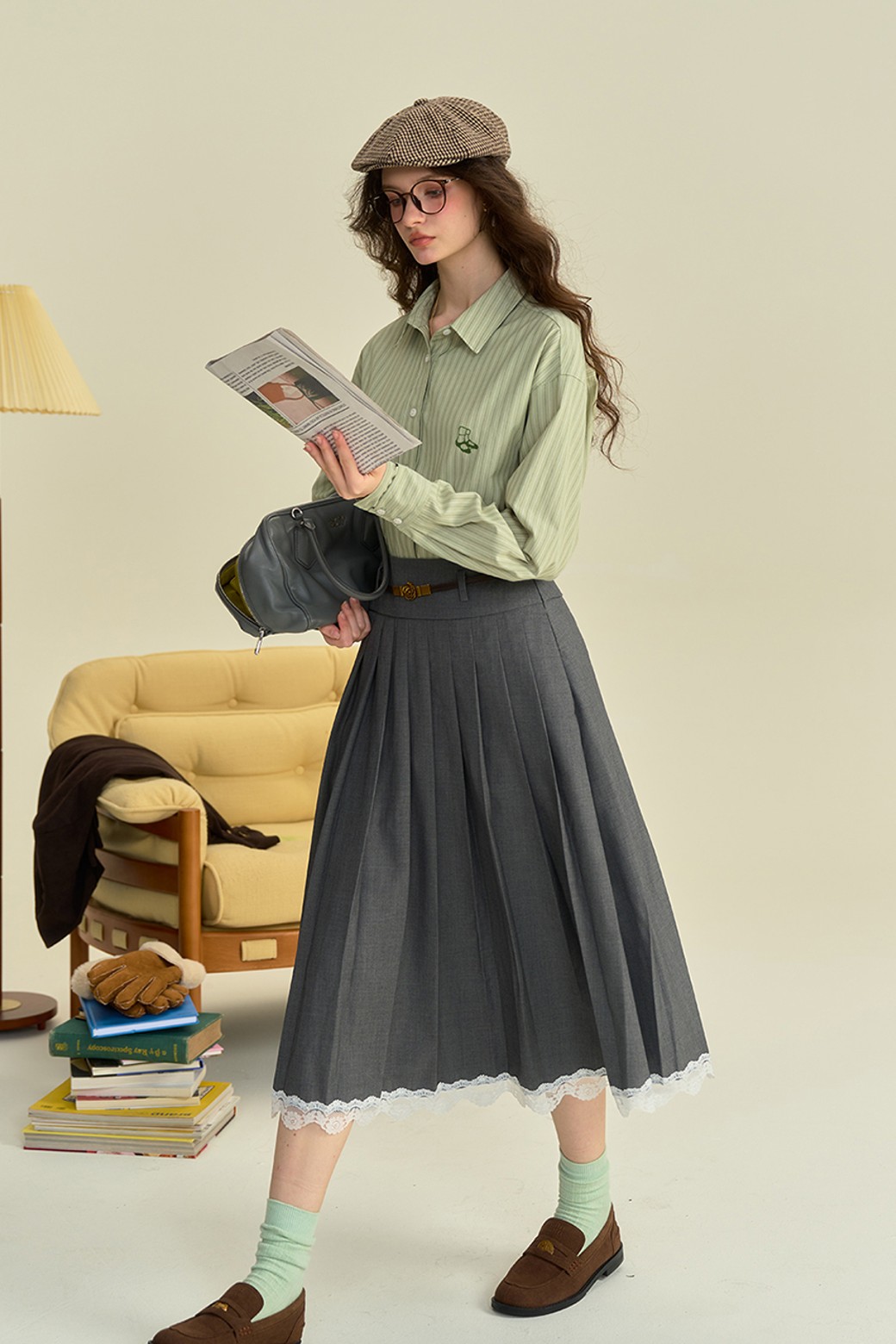 Simple Retro - 셔츠 - SR_Embroidered striped green shirt