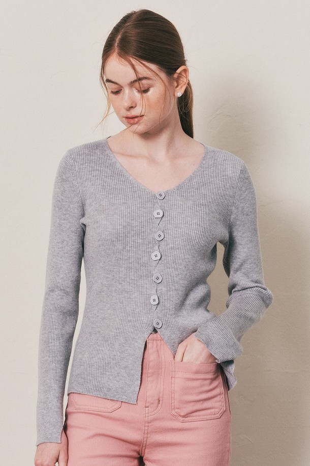 WE'DEE - 긴소매 티셔츠 - WD_Deep v-neck knit top_GRAY