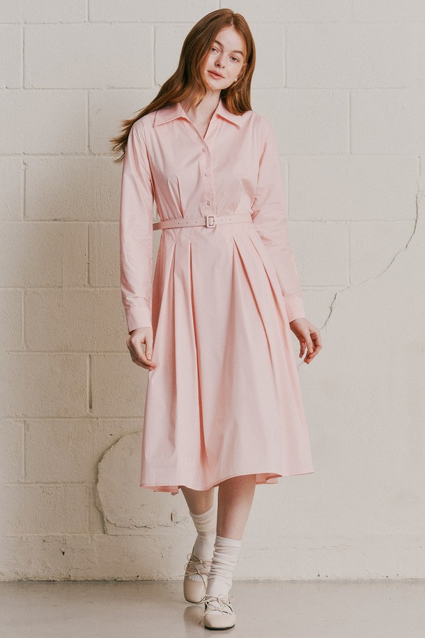 WE'DEE - 긴소매 원피스 - WD_V-neck belted shirt dress_PINK