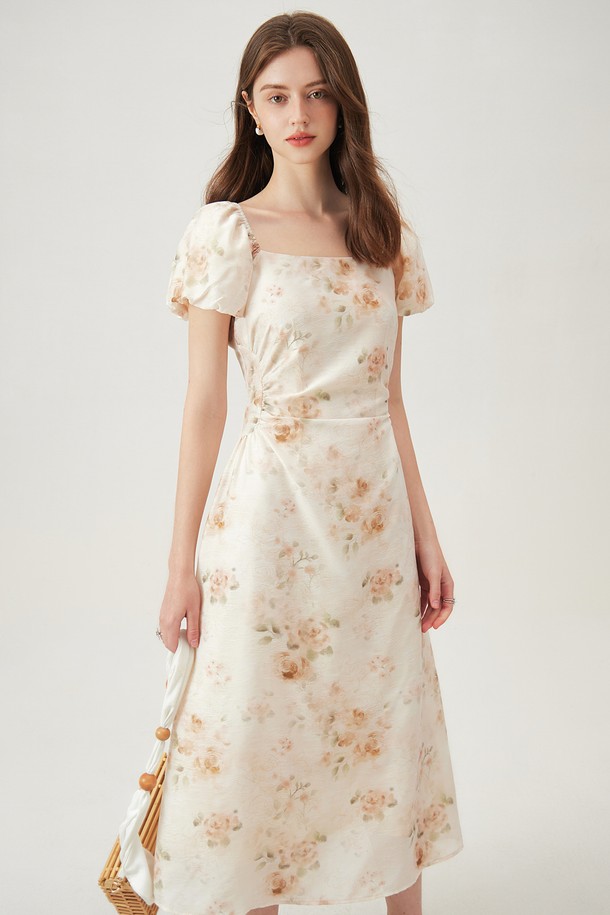 WE'DEE - 반소매 원피스 - WD_Pleated waist floral dress