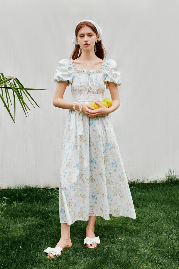 WE'DEE - 반소매 원피스 - WD_Square neck puff floral dress