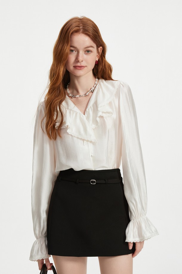 WE'DEE - 셔츠 - WD_Pearl ruffled v-neck shirt