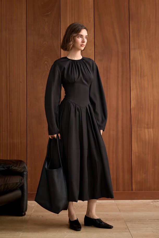 YYIAM - 긴소매 원피스 - YY_Waist pleated French dress_2color