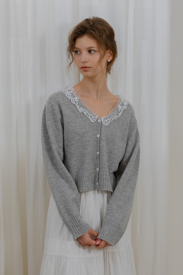 DUNDROP - 가디건 - DD_Lace neck gray cardigan