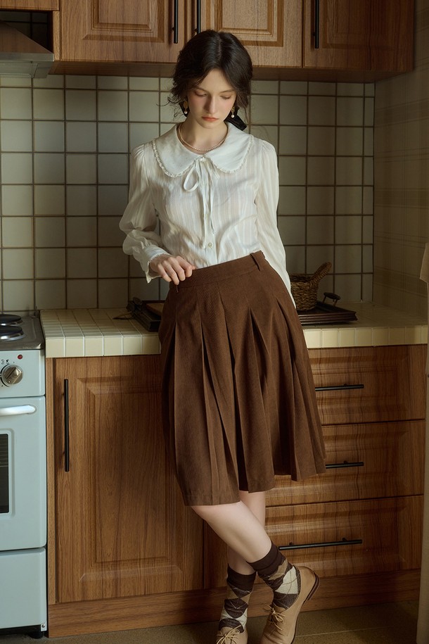 Simple Retro - 미디스커트 - SR_Corduroy pleated skirt_BROWN