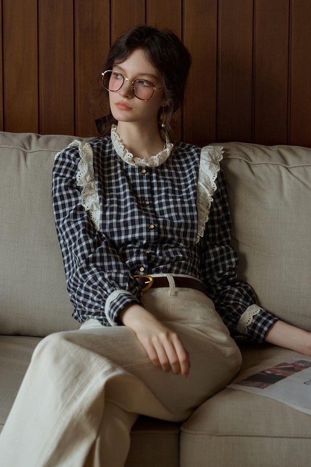 Simple Retro - 셔츠 - SR_Check long sleeve lace shirt