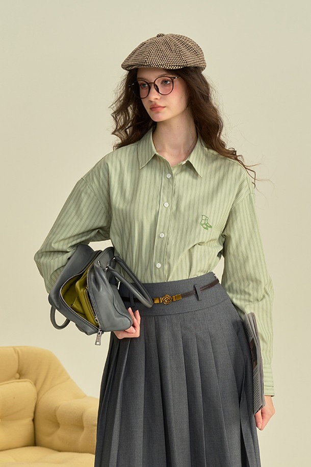 Simple Retro - 셔츠 - SR_Embroidered striped green shirt