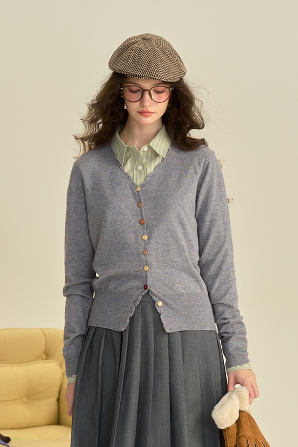 Simple Retro - 가디건 - SR_V-neck knit gray cardigan