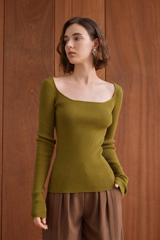 YYIAM - 긴소매 티셔츠 - YY_Deep square neck knit top_2color