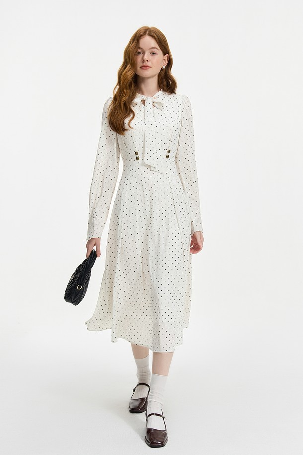 WE'DEE - 긴소매 원피스 - WD_Ribbon collar polka dot dress