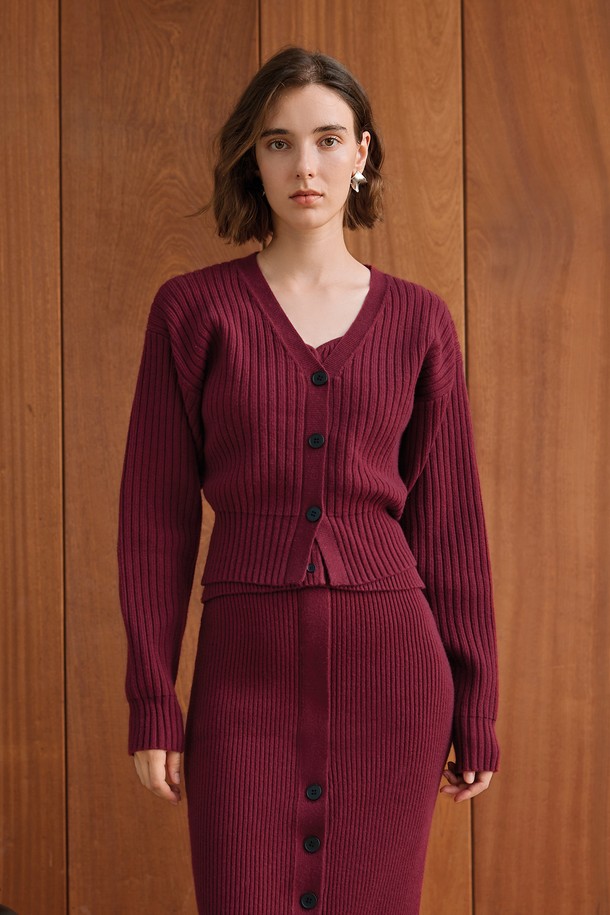 YYIAM - 가디건 - YY_Gentle ribbed wine knit cardigan