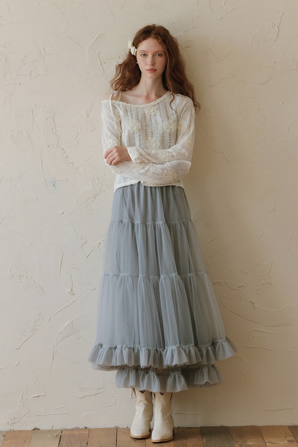 DUNDROP - 롱스커트 - DD_Mesh ruffle layer skirt