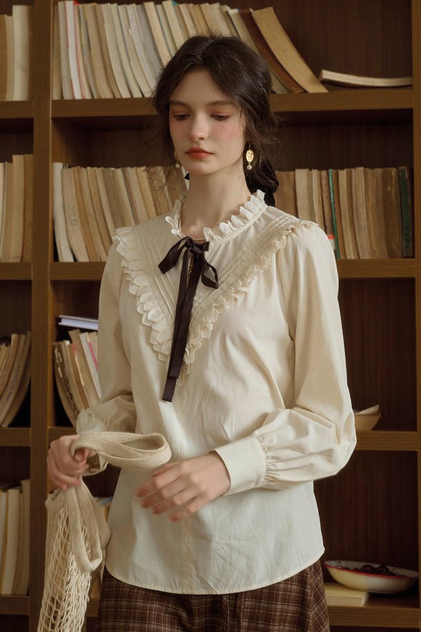 Simple Retro - 셔츠 - SR_Ribbon lace collar shirt