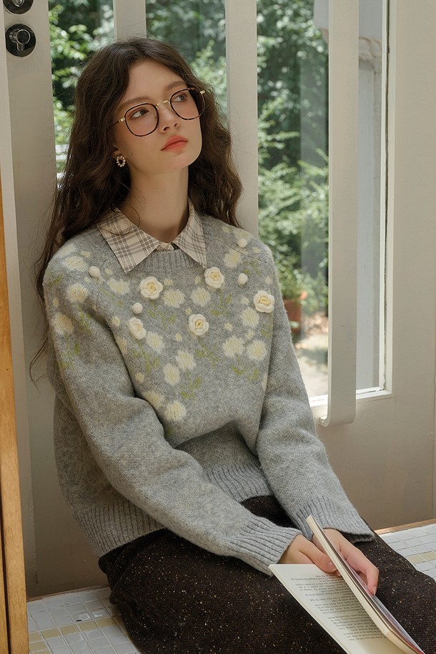 Simple Retro - 스웨터 - SR_Loose rose wool knit sweater