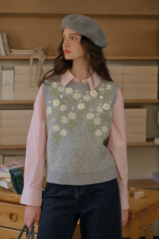 Simple Retro - 베스트 - SR_Loose rose wool knit vest