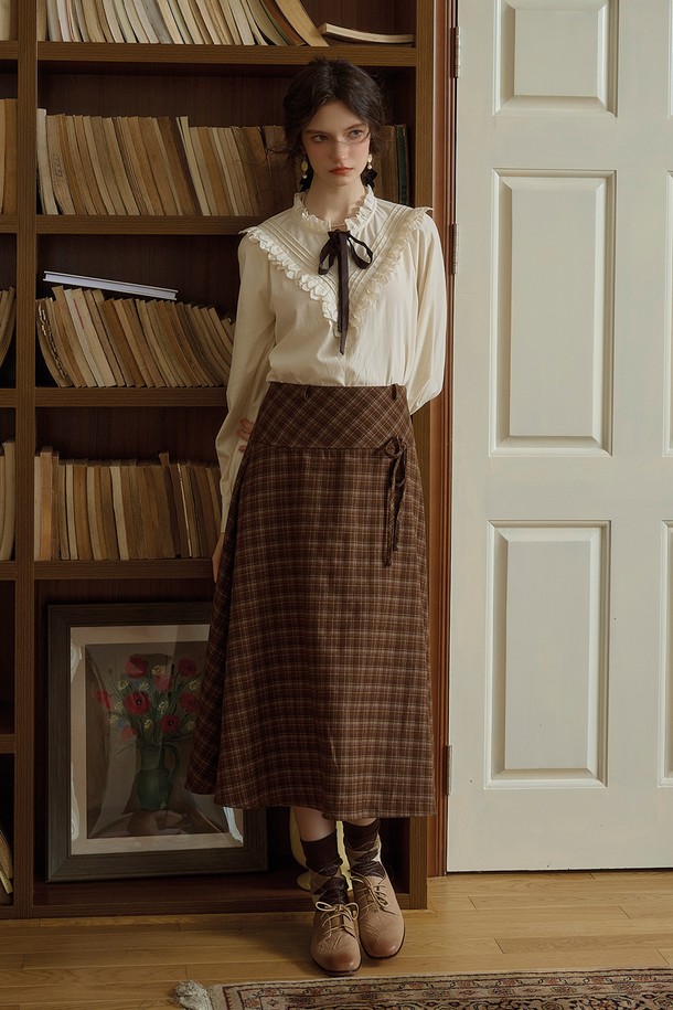 Simple Retro - 롱스커트 - SR_Vintage check ribbon skirt