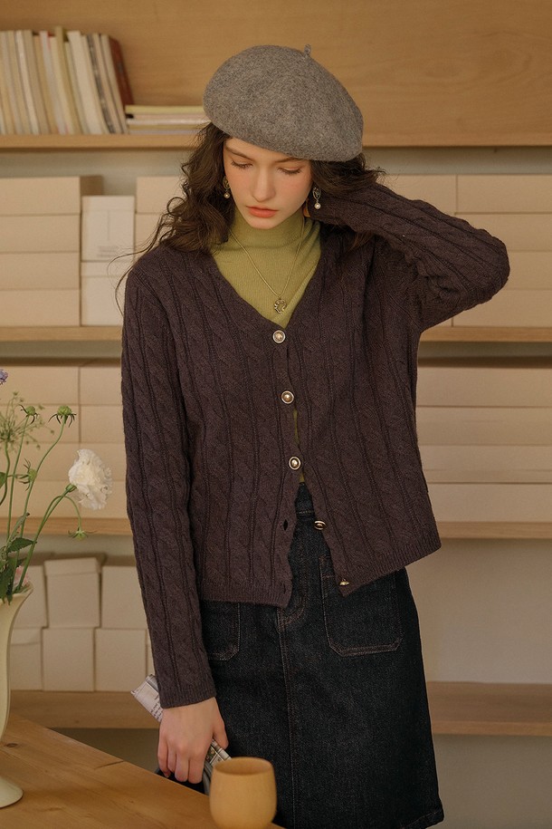 Simple Retro - 가디건 - SR_Wool cable knit cardigan_GRAY