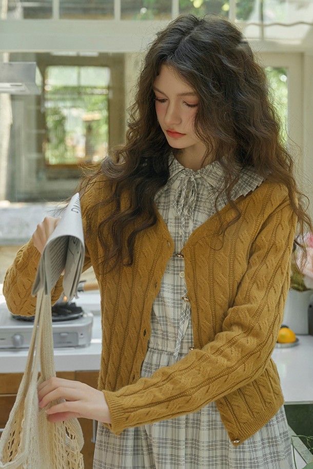 Simple Retro - 가디건 - SR_Wool cable knit cardigan_YELLOW