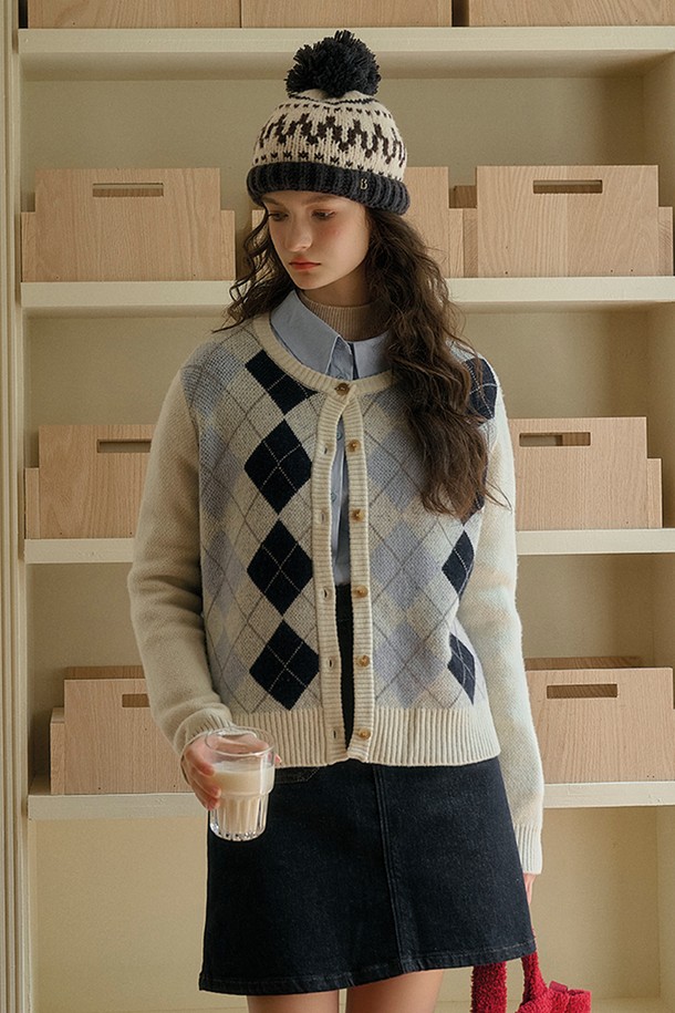 Simple Retro - 가디건 - SR_Rhombic jacquard wool cardigan