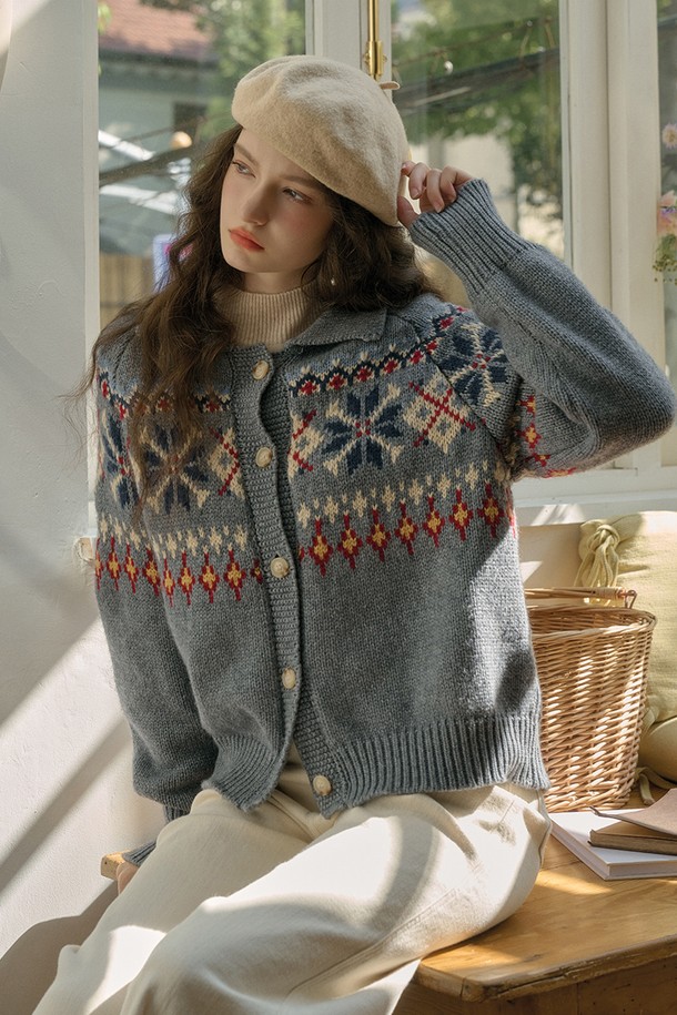 Simple Retro - 가디건 - SR_Fair isle wool gray knit cardigan