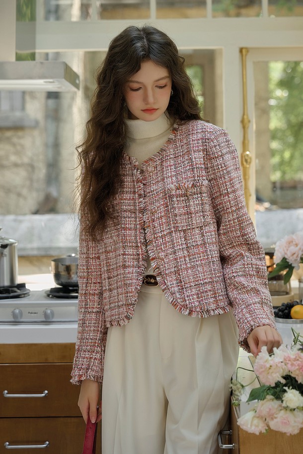 Simple Retro - 자켓 - SR_Cropped wool pink tweed jacket