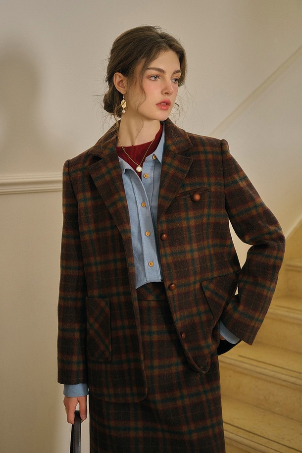 Simple Retro - 자켓 - SR_Vintage brown plaid blazer