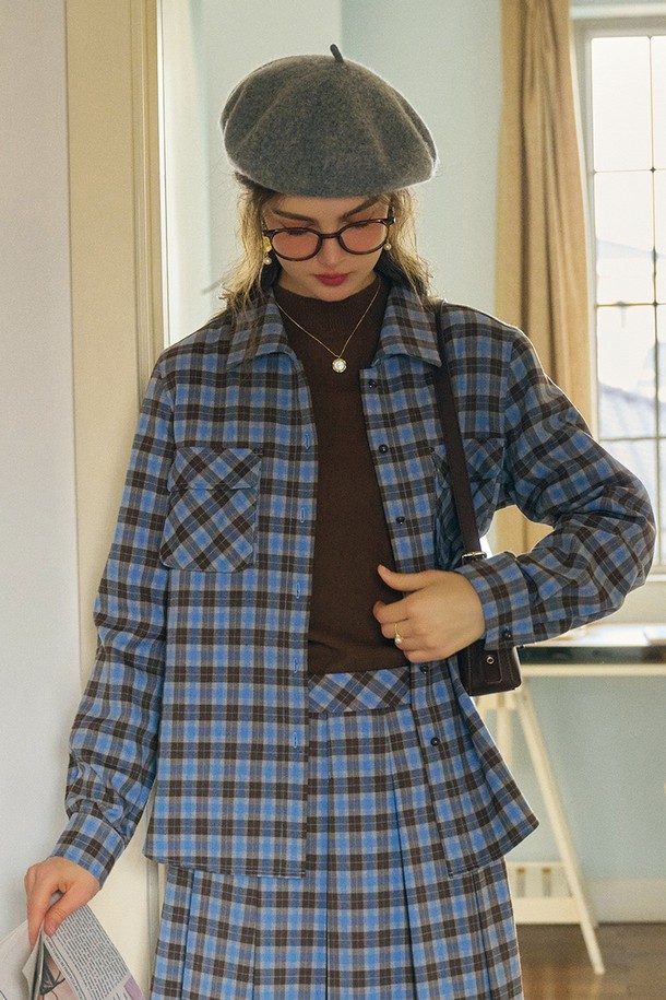 Simple Retro - 셔츠 - SR_Plaid casual blue check shirt