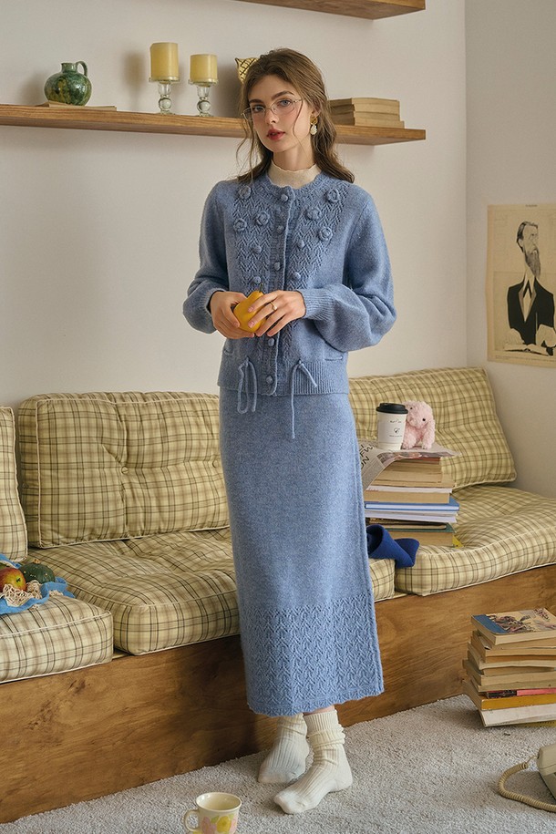 Simple Retro - 셋업 - SR_Gentle wool cardigan skirt set_BLUE