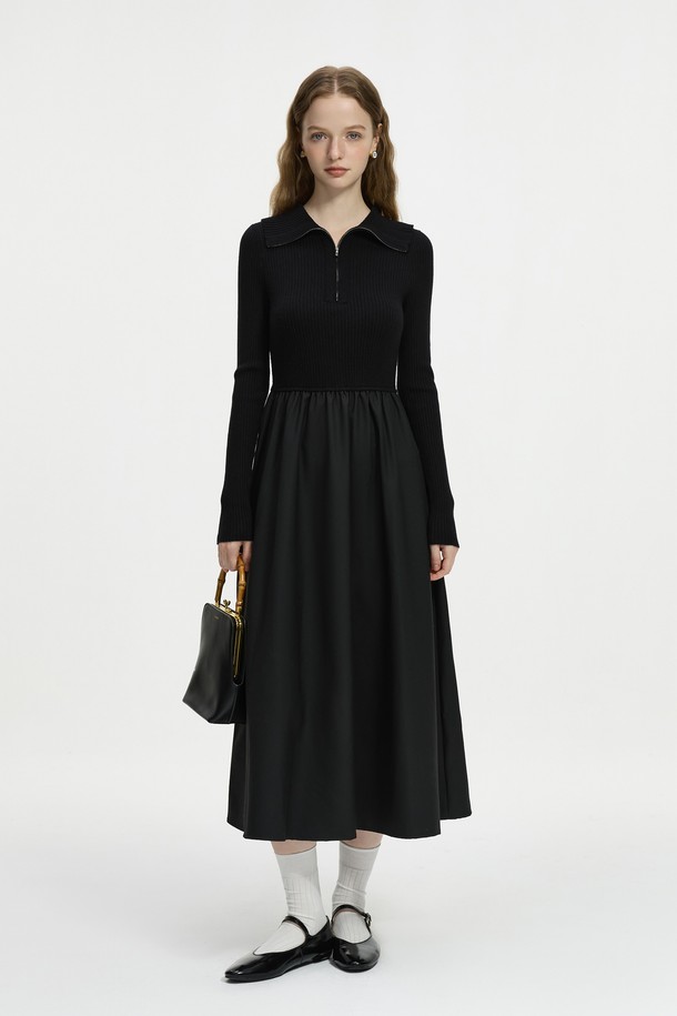 WE'DEE - 긴소매 원피스 - WD_Half zip-up pleated dress