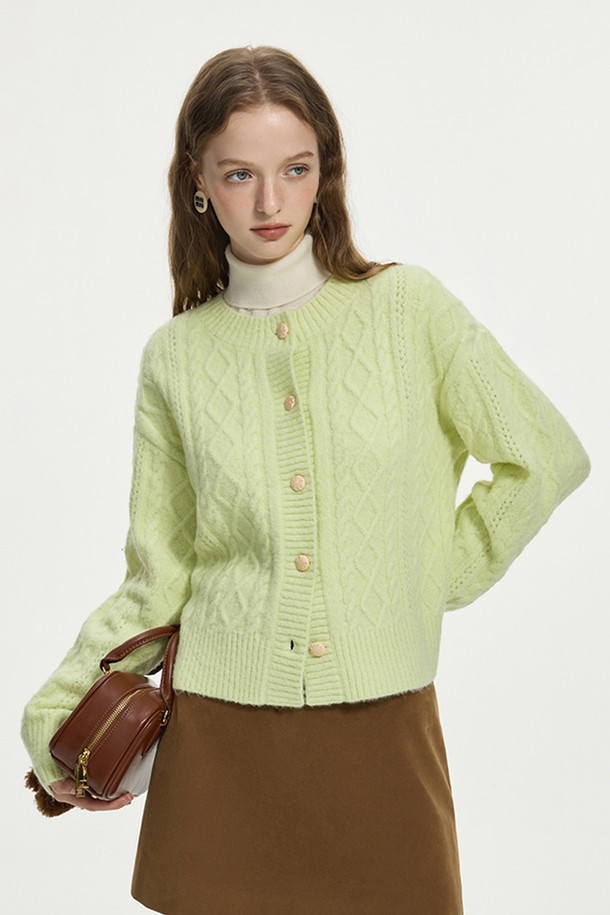 WE'DEE - 니트 / 가디건 - WD_Cable round neck cardigan_LIME