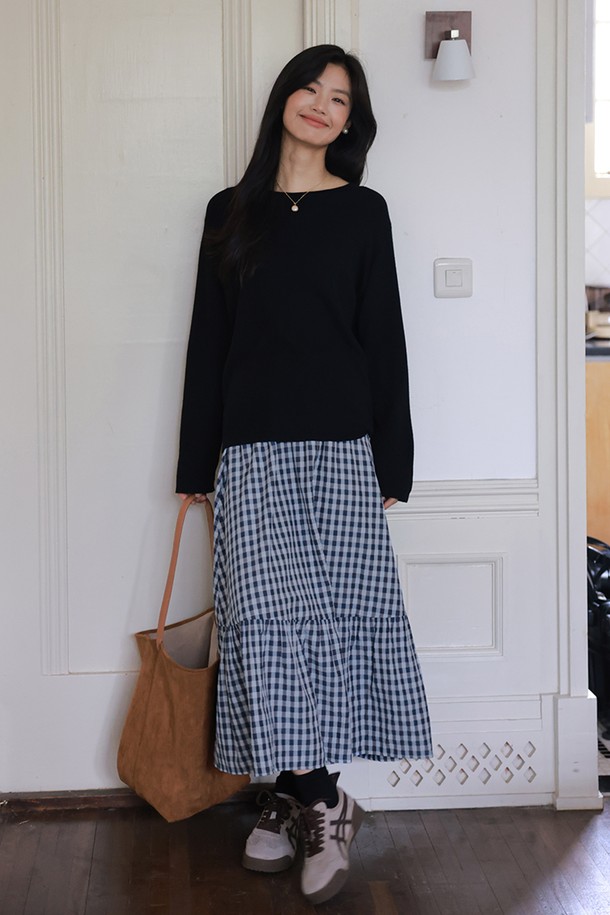 LANGSON - 롱스커트 - LS_A-line blue plaid flared skirt