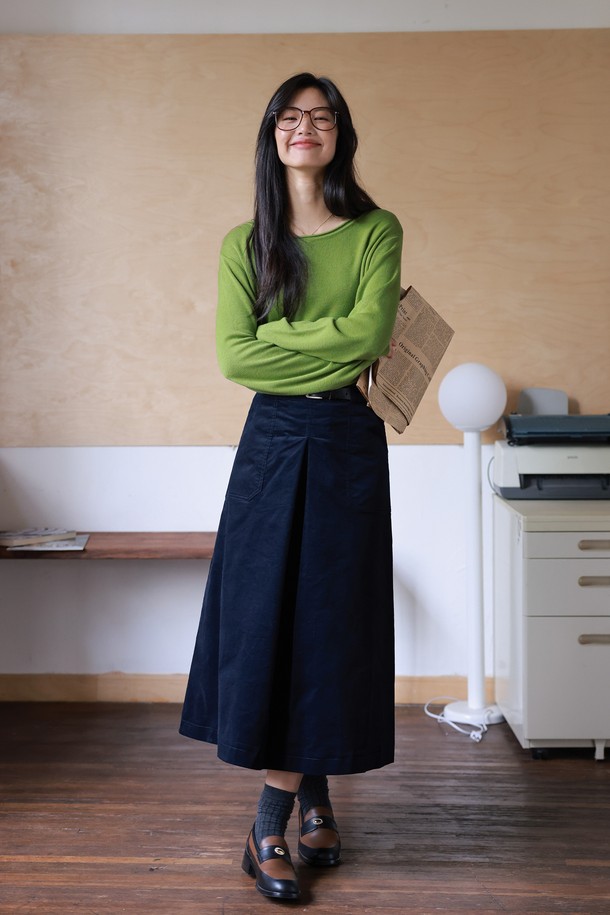 LANGSON - 롱스커트 - LS_Corduroy a-line navy skirt