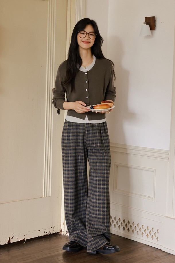 LANGSON - 롱/미디팬츠 - LS_Plaid wide fit long pants