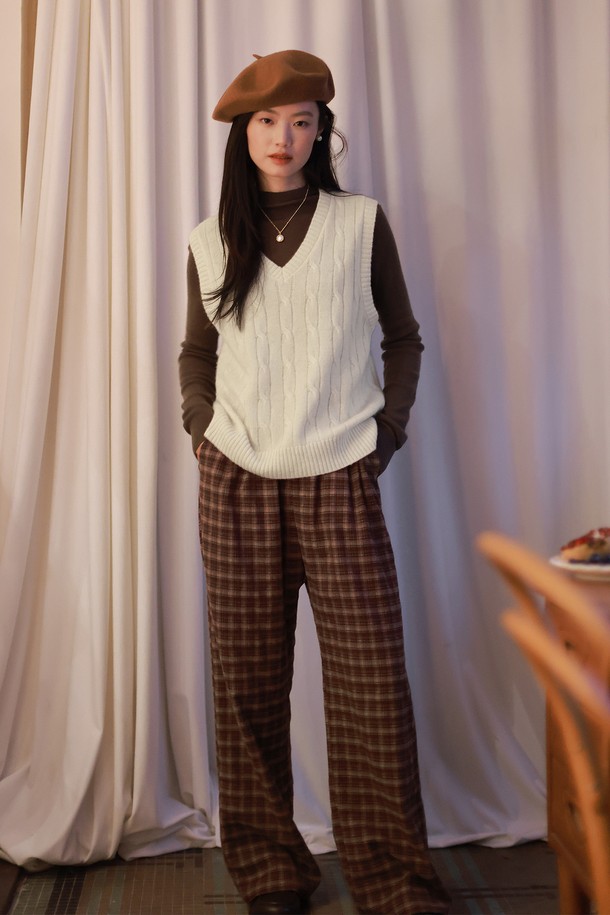 LANGSON - 롱/미디팬츠 - LS_Plaid wide-leg banding pants