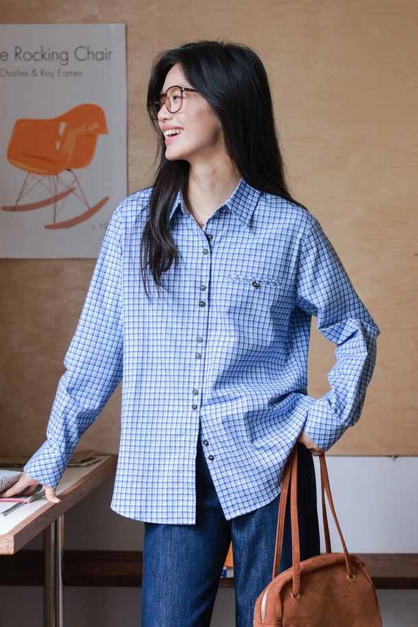 LANGSON - 셔츠 - LS_Blue plaid cotton shirt