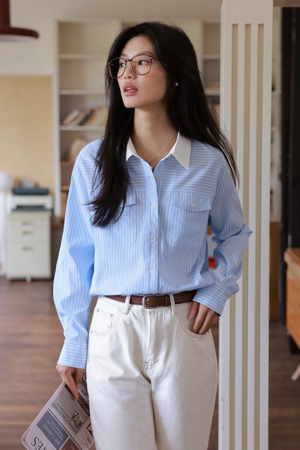 LANGSON - 셔츠 - LS_Blue striped point collar shirt