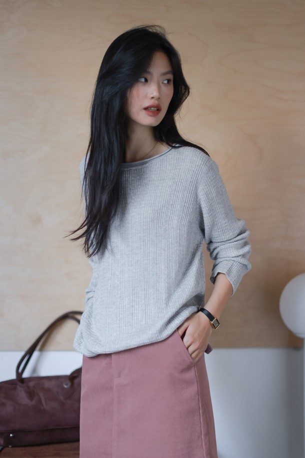 LANGSON - 스웨터 - LS_Round neck gray loose knit top