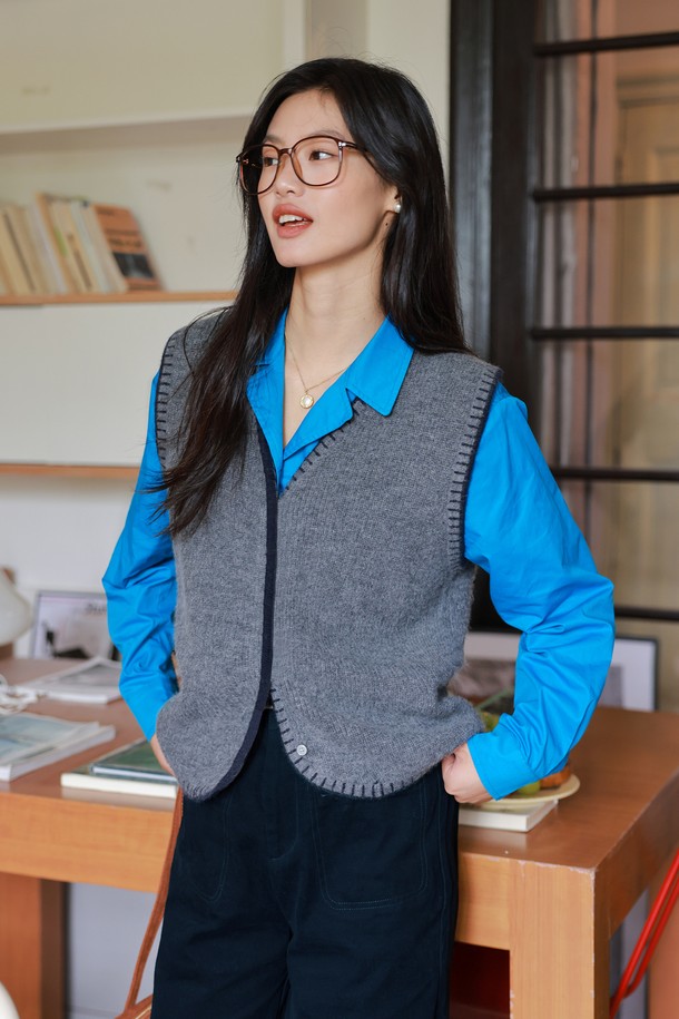 LANGSON - 베스트 - LS_Loose gray button knit vest